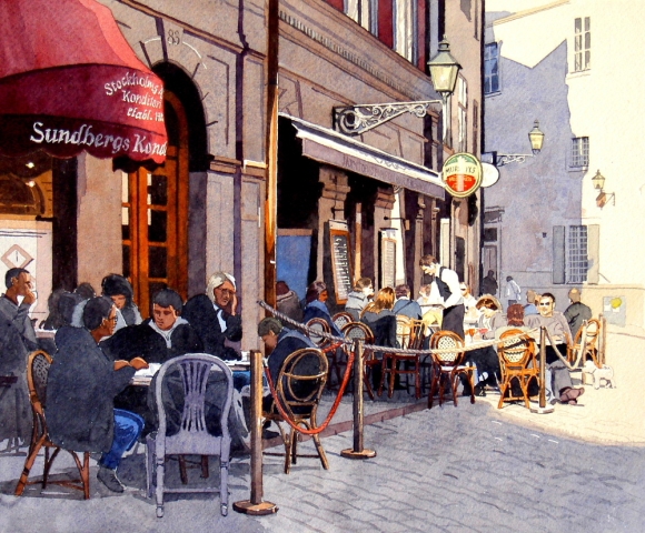 Reproducerad akvarell/giclée - Vid en uteservering på Järntorget i Gamla stan